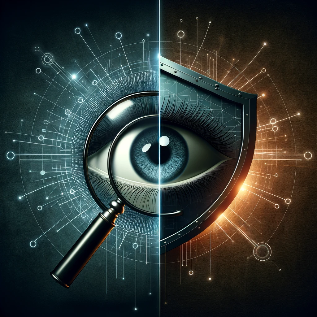 Conceptual image showing the battle between surveillance and privacy, with an eye and a shield.