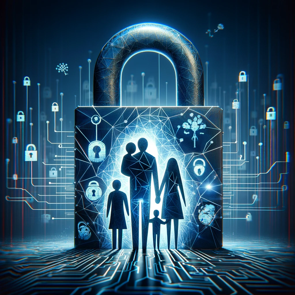 Artistic depiction of a family within a digital lock, symbolizing advanced cybersecurity.