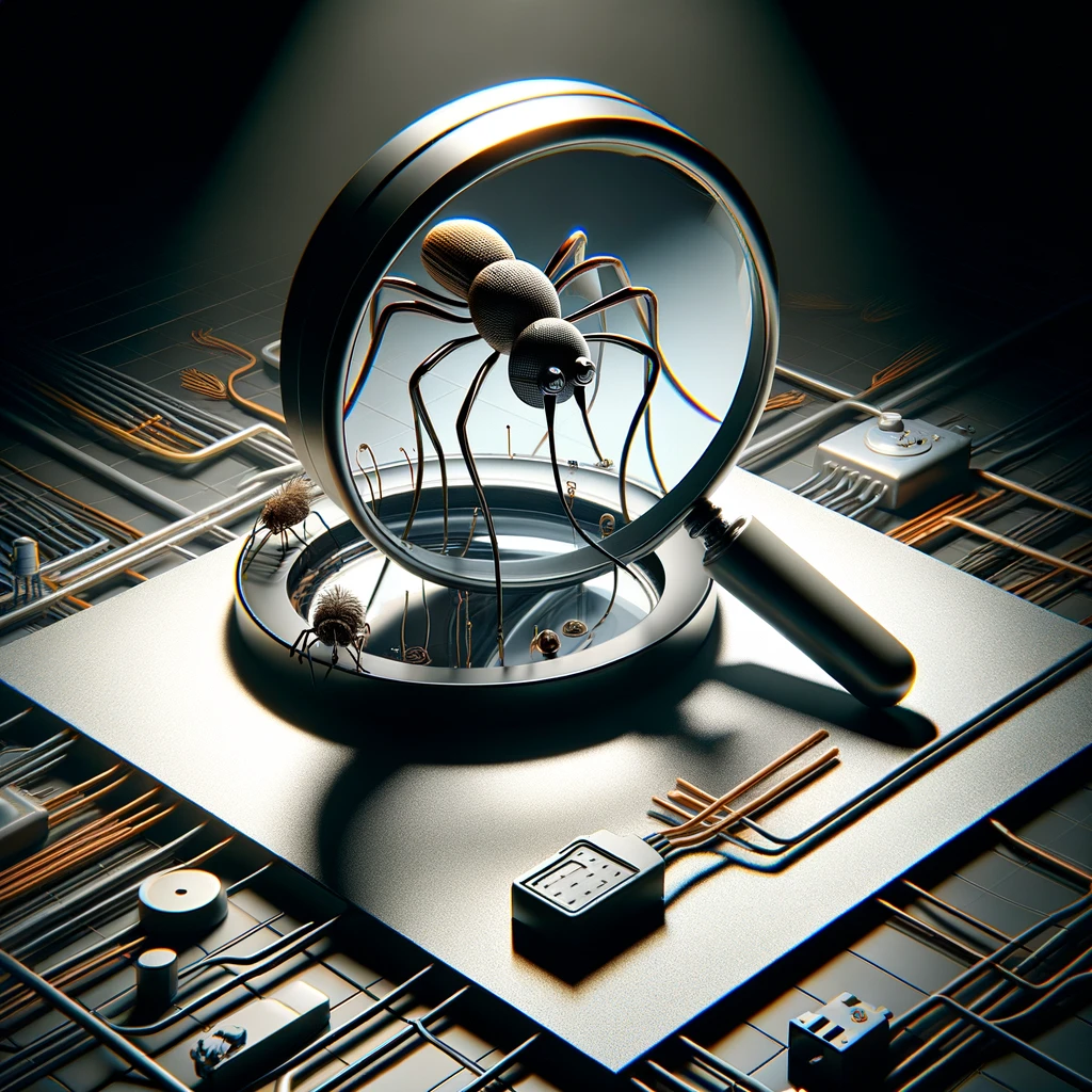 Artistic image of a magnifying glass uncovering hidden surveillance devices, symbolizing counter-surveillance expertise.
